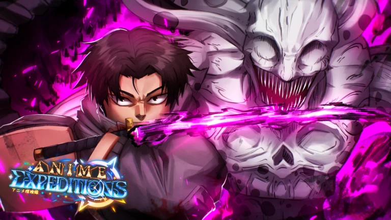 Anime Expeditions warrior facing a shadow creature in a violet rift